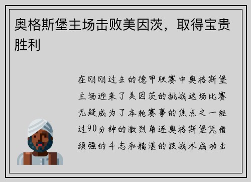 奥格斯堡主场击败美因茨，取得宝贵胜利
